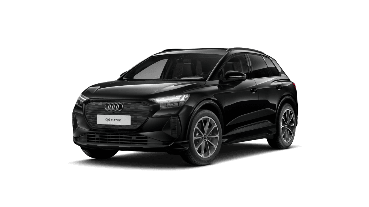 Audi Q4 e-tron 40 i fargen Mytossort metallic, med sort optikk og 20 tommers lettmetallfelger