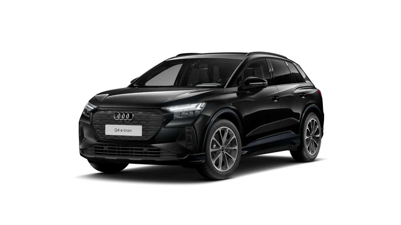 Audi Q4 e-tron 40 i fargen Mytossort metallic, med sort optikk og 20 tommers lettmetallfelger